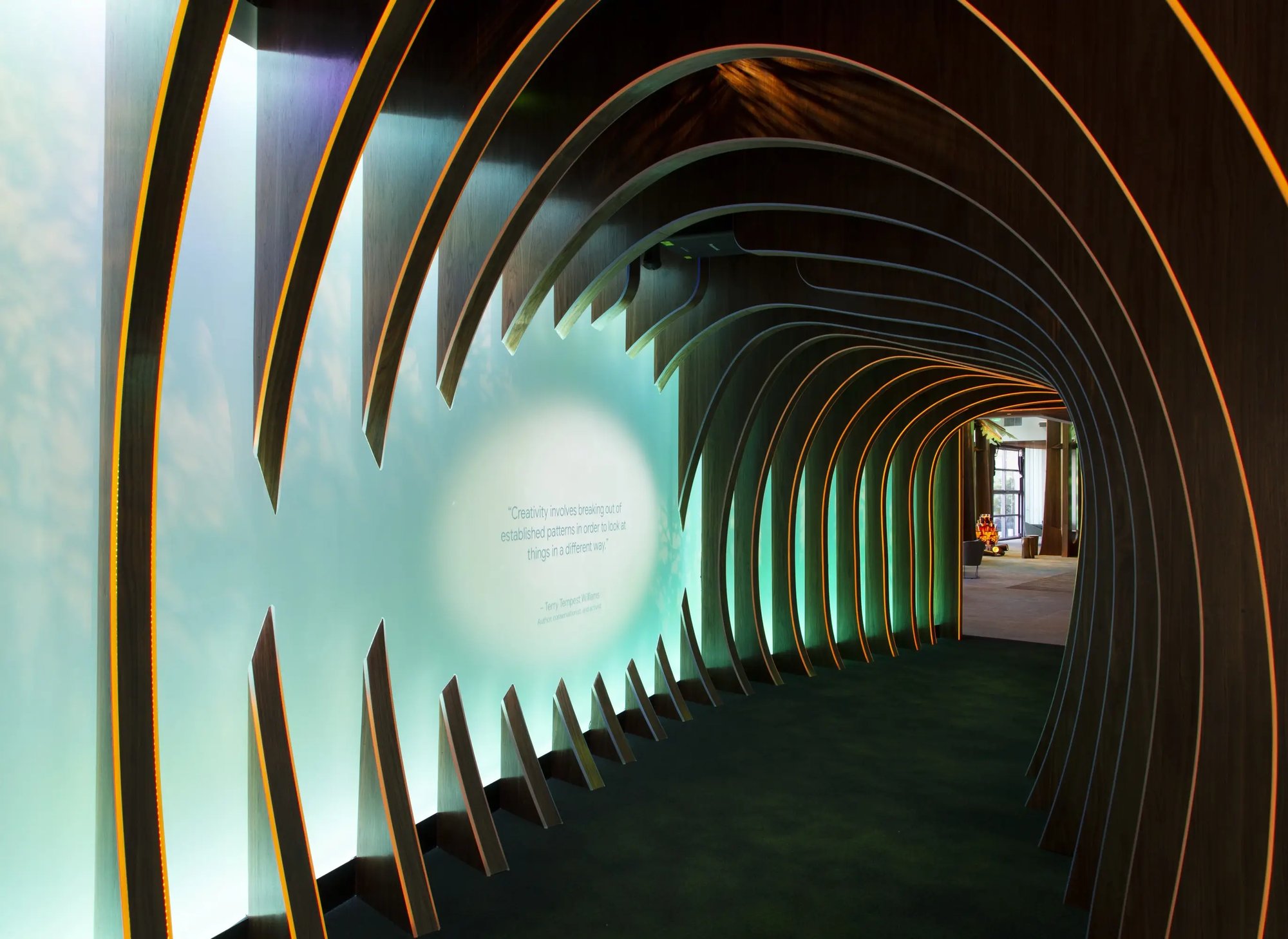 A highly experiential tech tunnel that leads into the Google Grove experience center.
