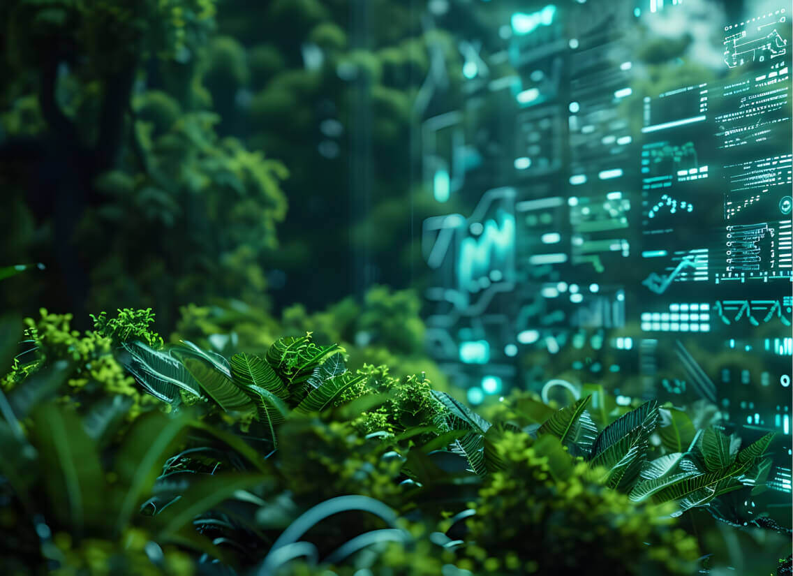Digital graphic board set within a rain forest environment.