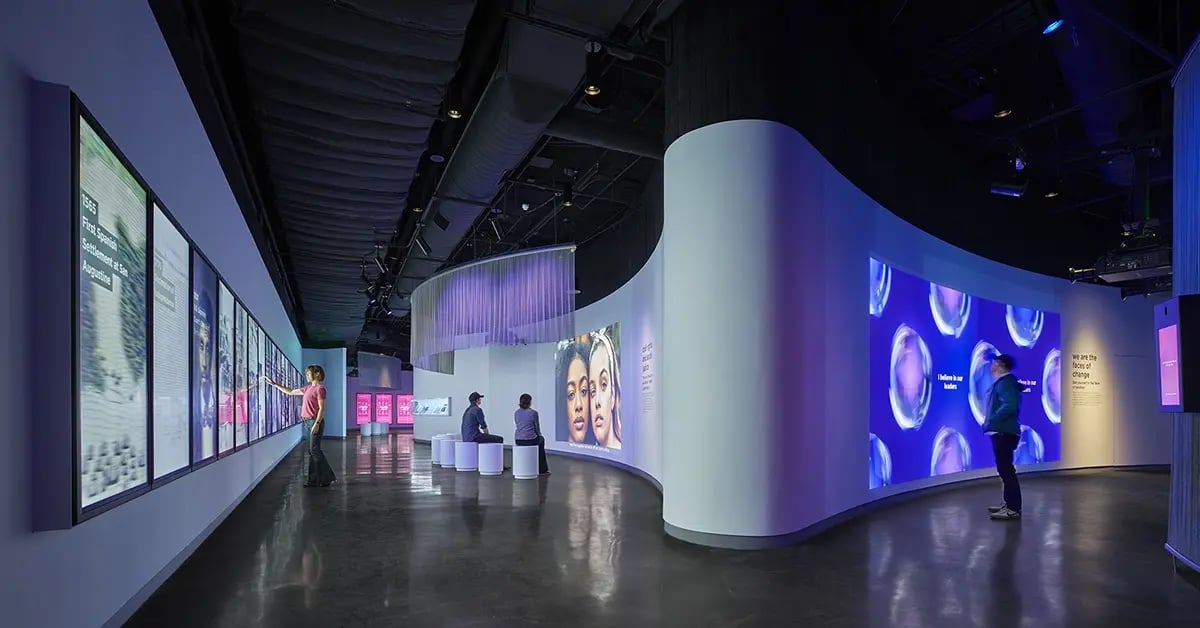 A digital video wall integrated into a museum exhibit space displays multimedia content to support educational storytelling and enhance the visitor experience.