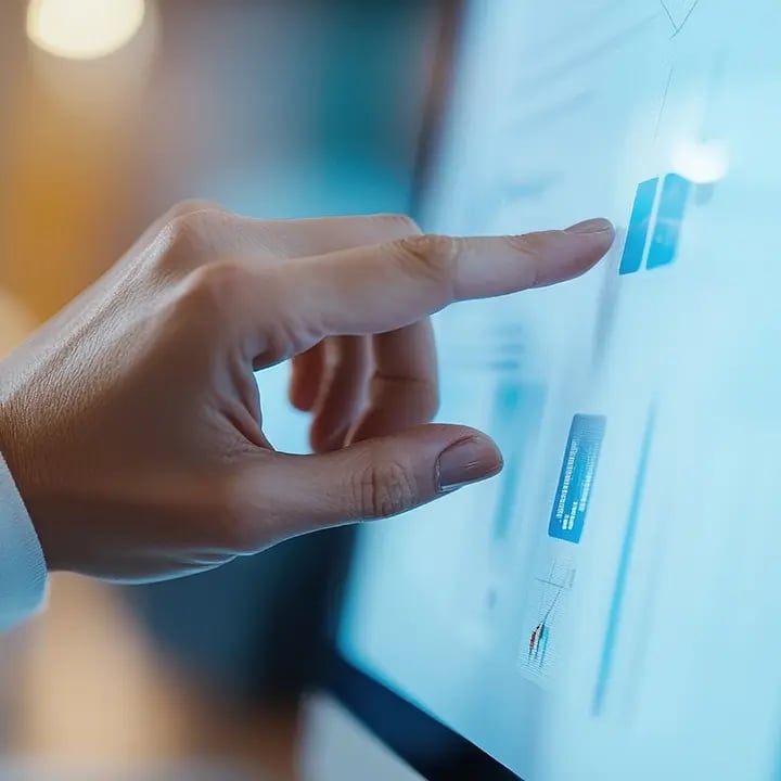 A finger pressing a touchscreen that they changes the content within an AV system.