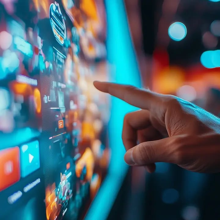 A finger reaching out to select something on a futuristic touchscreen interface. 