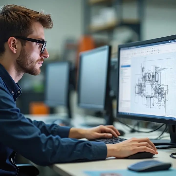 A man sits at a workstation designing a digital display or video wall system on his computer, representing the planning and engineering phase of an AV project.