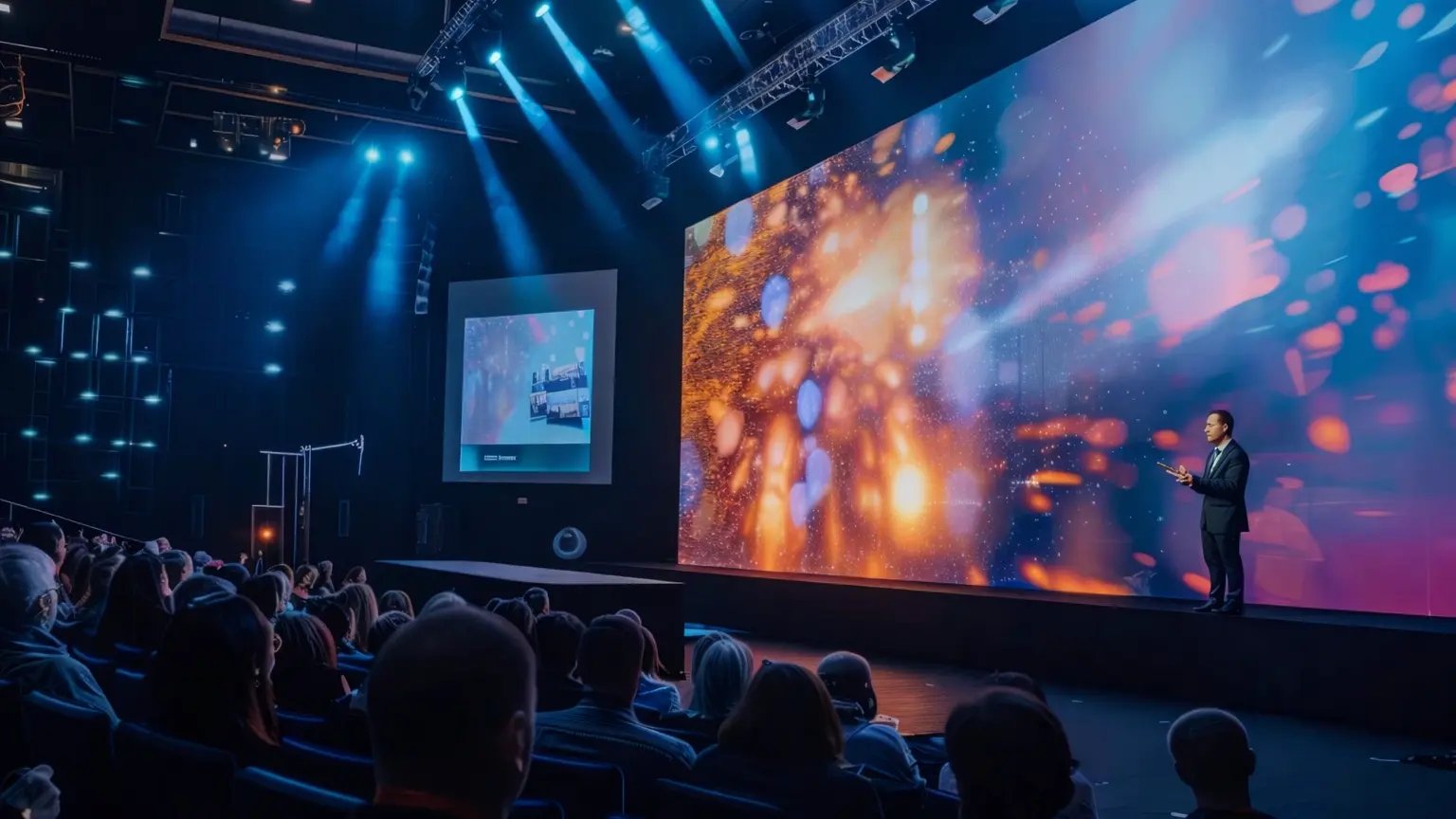 A presenter standing in front of large video wall presenting to an audience of guests.-2