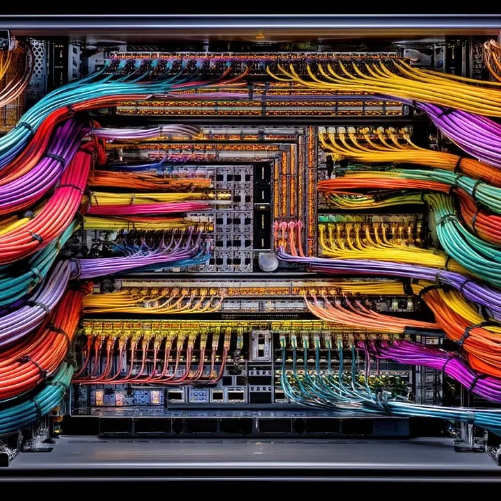 A rack room where a patch bay is perfectly cable managed.