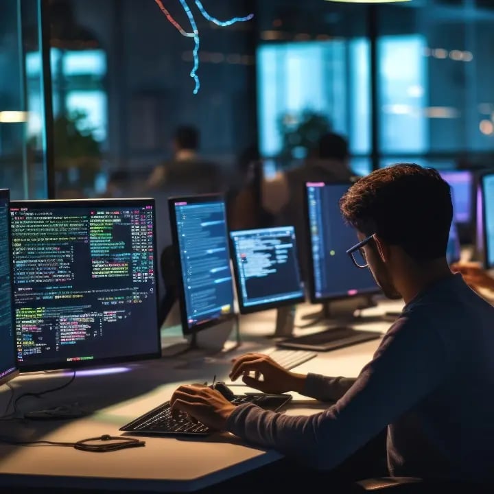 A software engineer programming an interface for an audiovisual (AV) system.
