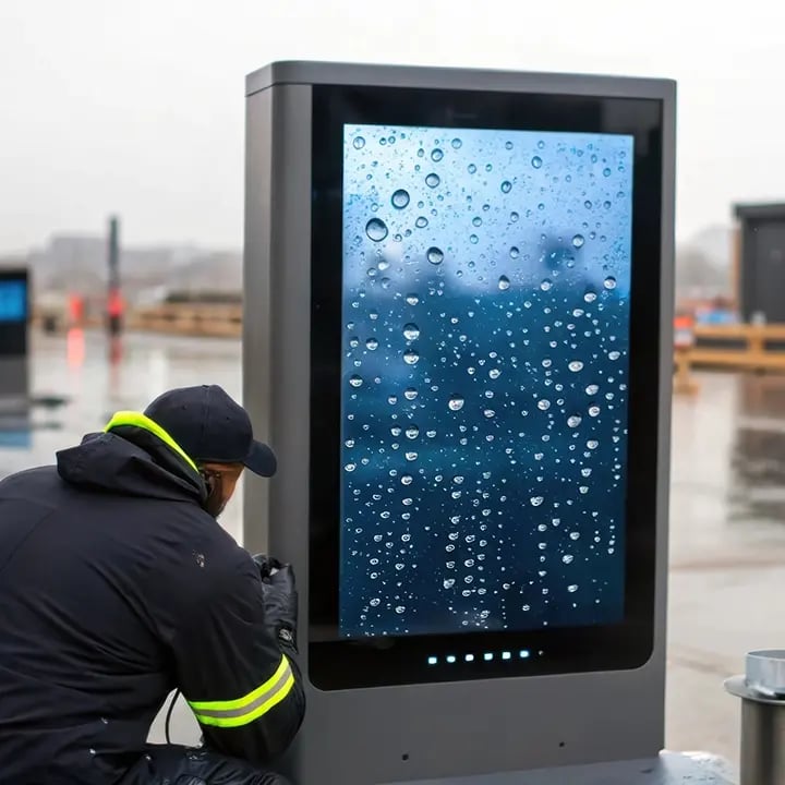 A technician completing maintenance work at a digitial signage installation. 