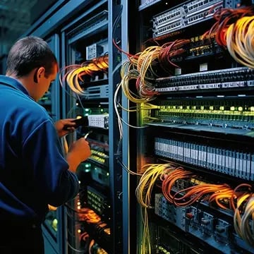 A technician serving an AV rack.