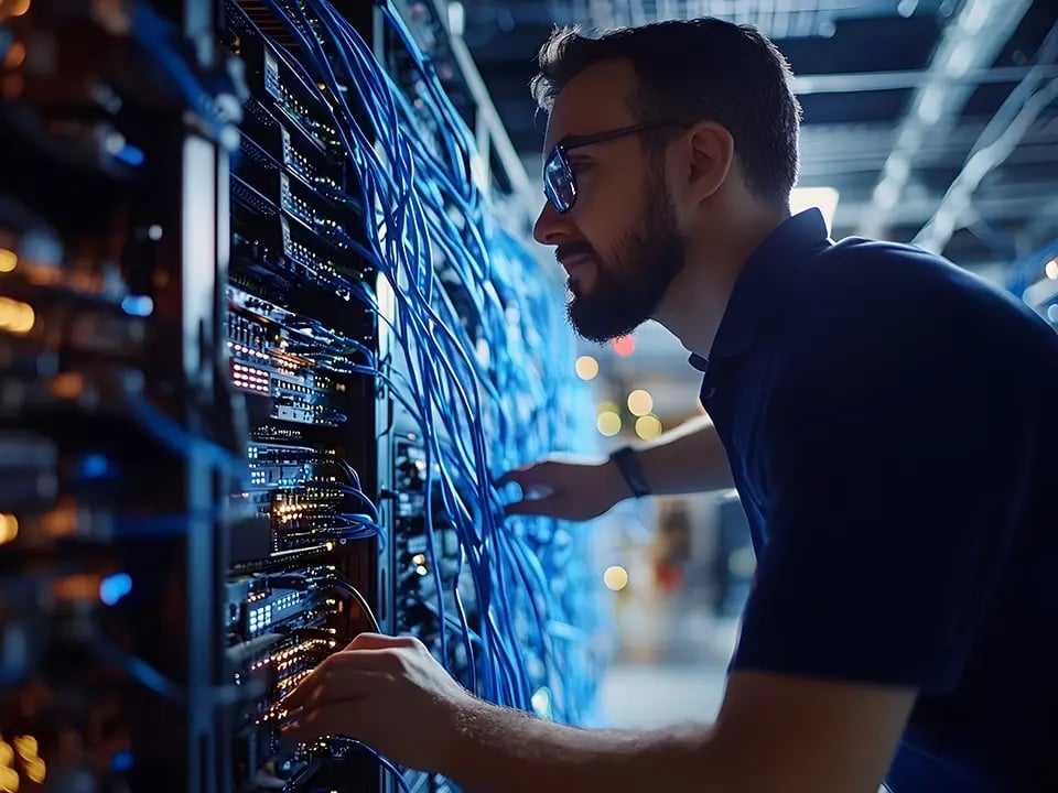 A technician testing and evaluating the connections made at an AV rack.