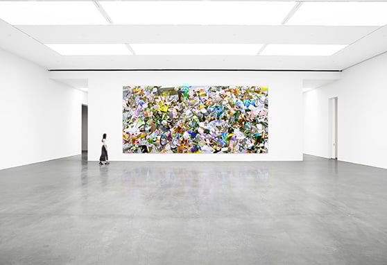 A visitor gazes at the 30ft by 13ft video wall showing 1000 digitized objects moving independently of each other.