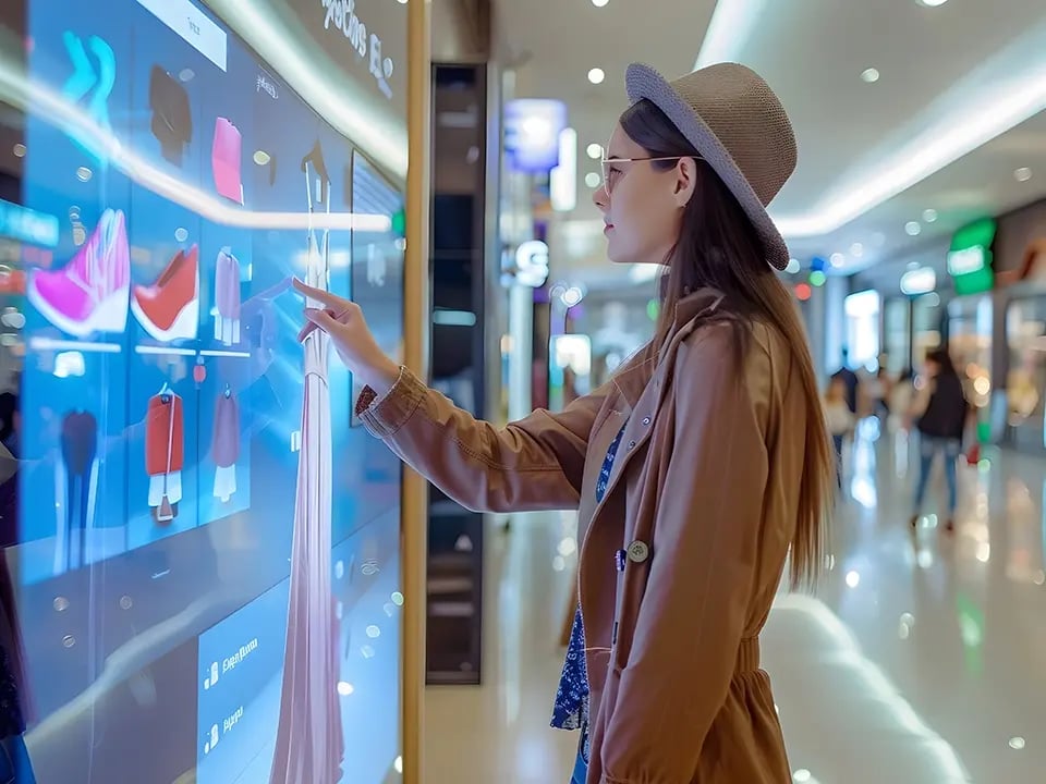 A visitor to a mall interacting with a touchscreen which displays information on products for sale.