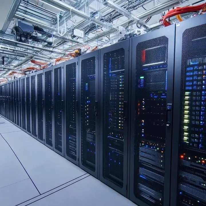 A wall of AV racks within a clean rack room.