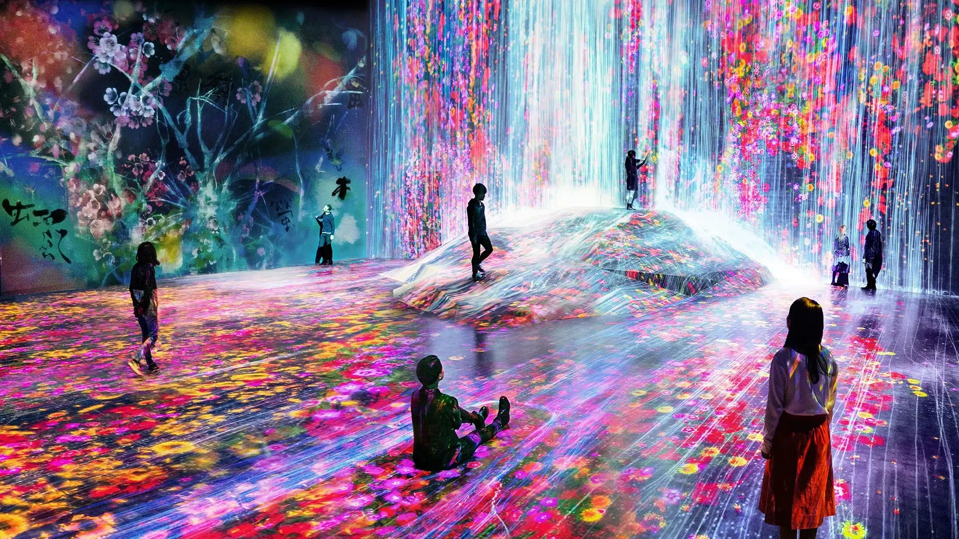The 3D rendering of a highly immersive space, where visitors are sitting and observing a projection mapped waterwall which is paired with interactive technology.