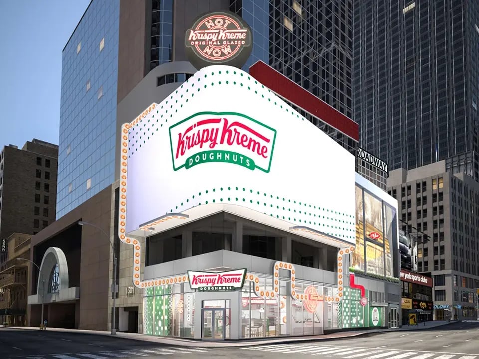 A 3D rendering of the Krispy Kreme flagship store in NYC which boasts a large LED wall and many additional LED installations.