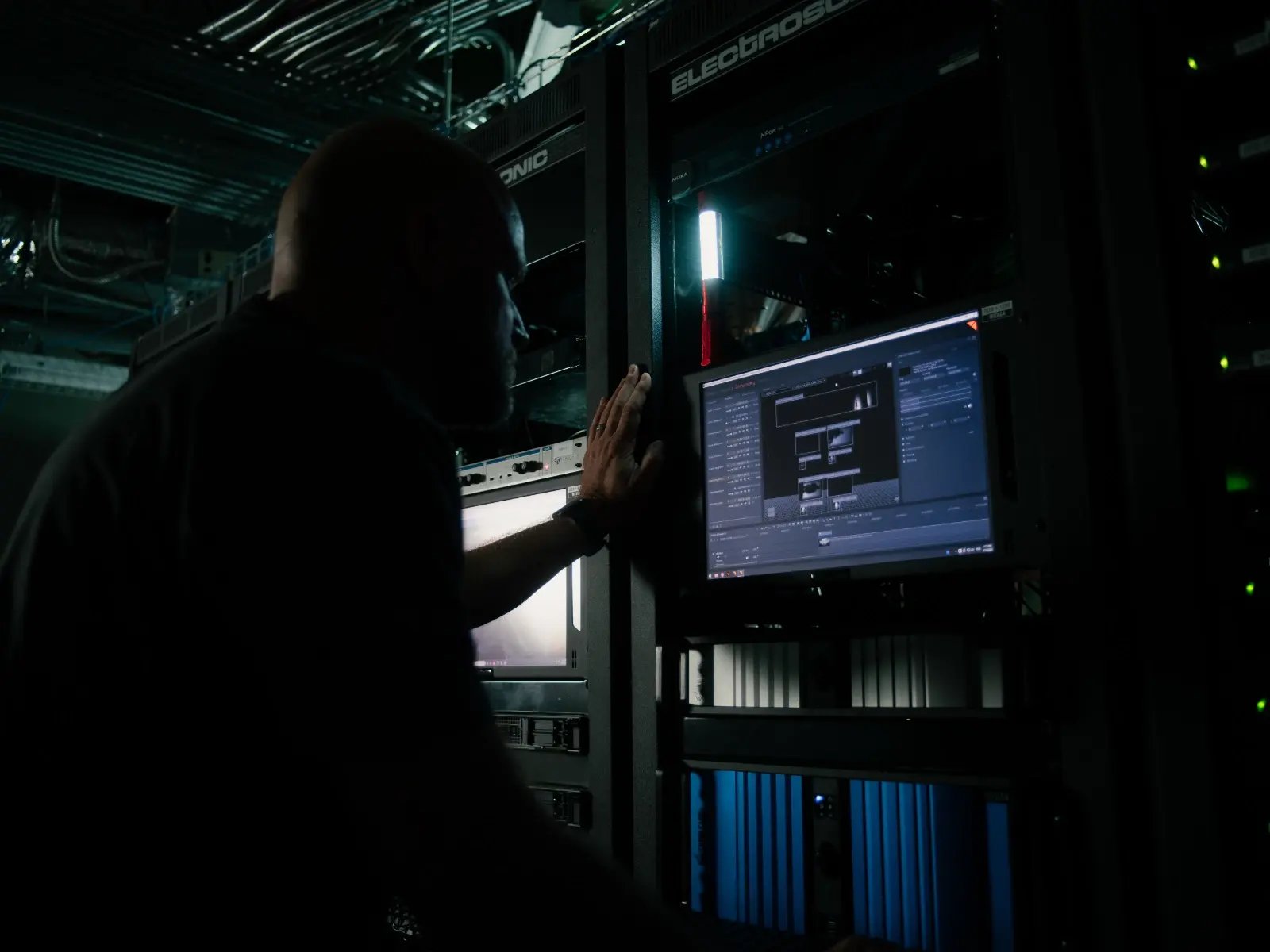 An Electrosonic employee at an audiovisual (AV) rack configuring it.