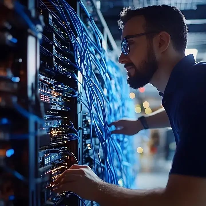 An Electrosonic technician testing and evaluating the connections made at an AV rack.