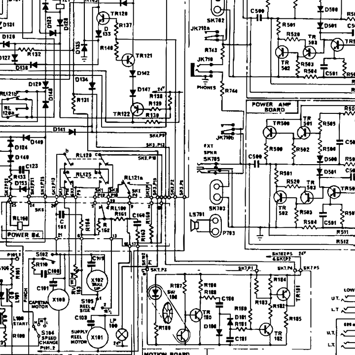 A close-up image of a detailed electronic circuit diagram or schematic, featuring numerous symbols representing resistors, transistors, diodes, capacitors, switches, and connectors. Labels such as TR121, RL120, and SK703 are visible, indicating components and terminals in a complex electrical system, possibly related to audio or communication equipment.