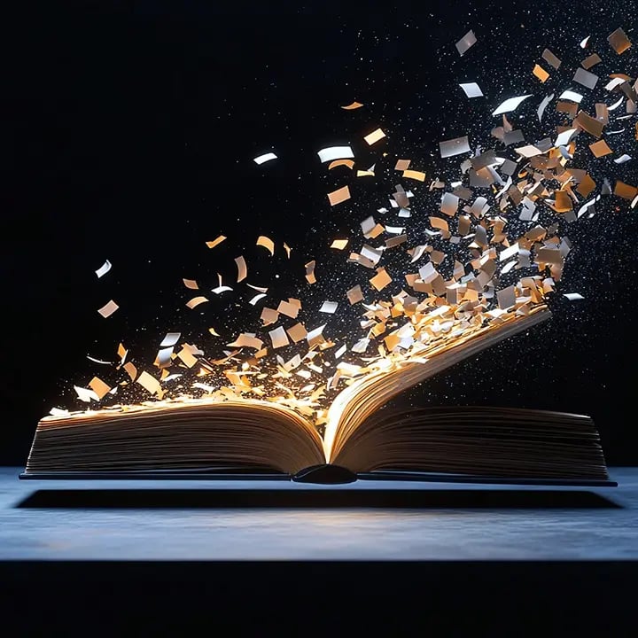 A dramatic image of an open book on a table, with glowing light emanating from its center. Dozens of pages and paper fragments appear to be flying out of the book, suspended in mid-air, creating a magical and dynamic visual effect against a dark background. The image symbolizes imagination, knowledge, or the power of storytelling.