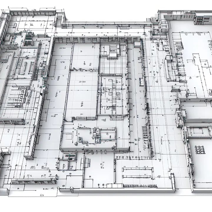 A highly detailed architectural floor plan rendered in 3D perspective, showing the layout of a large building with multiple rooms, corridors, and technical areas. The blueprint includes precise measurements, structural annotations, and various architectural symbols, giving a comprehensive view of the building's design and construction elements.