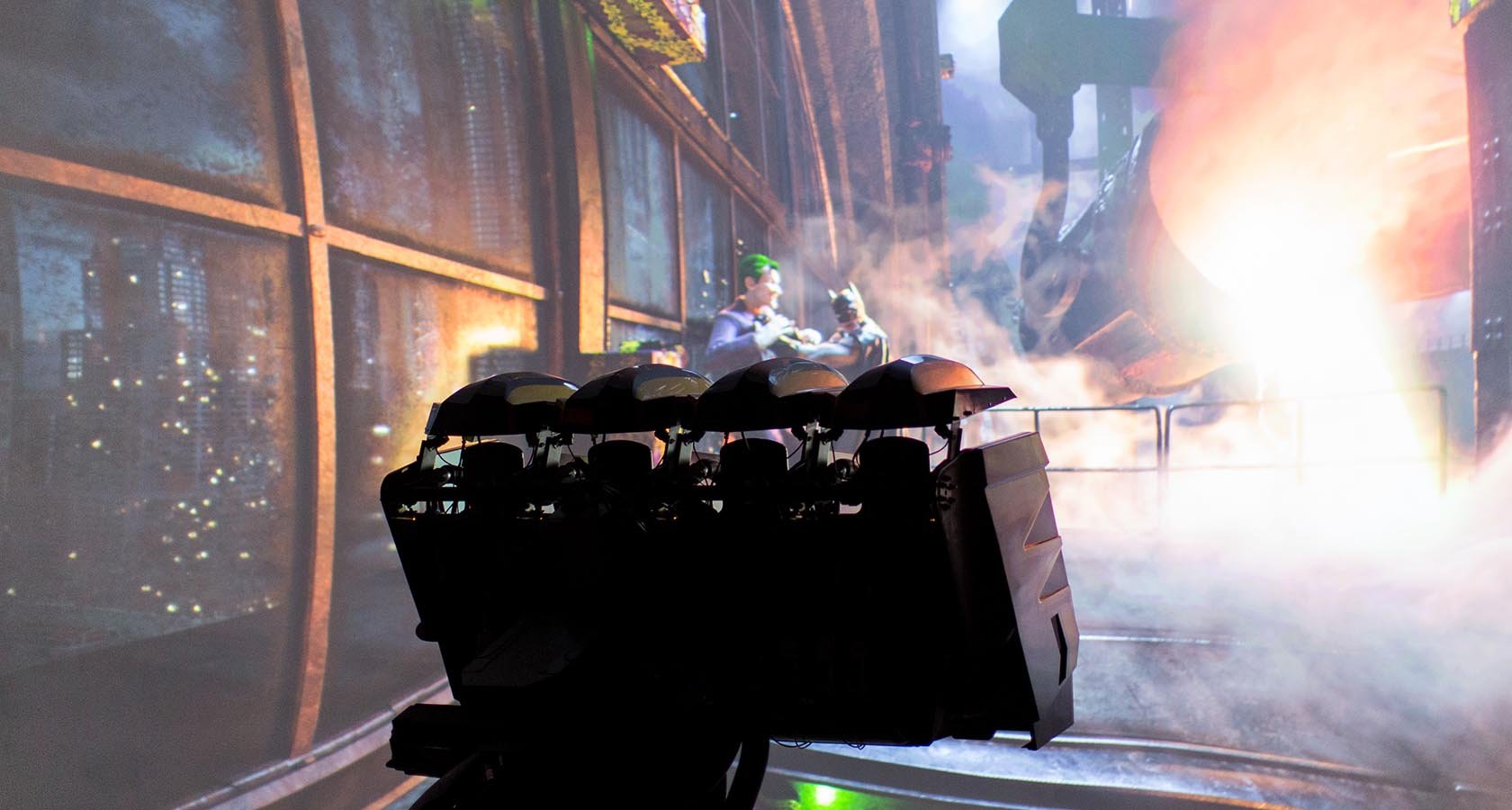 Guests enjoying the Batman Knight Flight dark ride at Warner Bros. World Abu Dhabi.