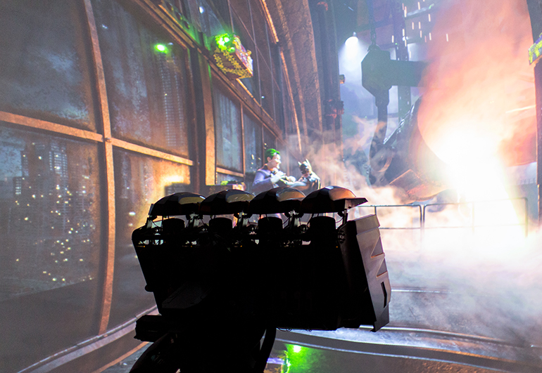Guests on the Batman Knight Flight dark ride at Warner Bros. World Abu Dhabi.