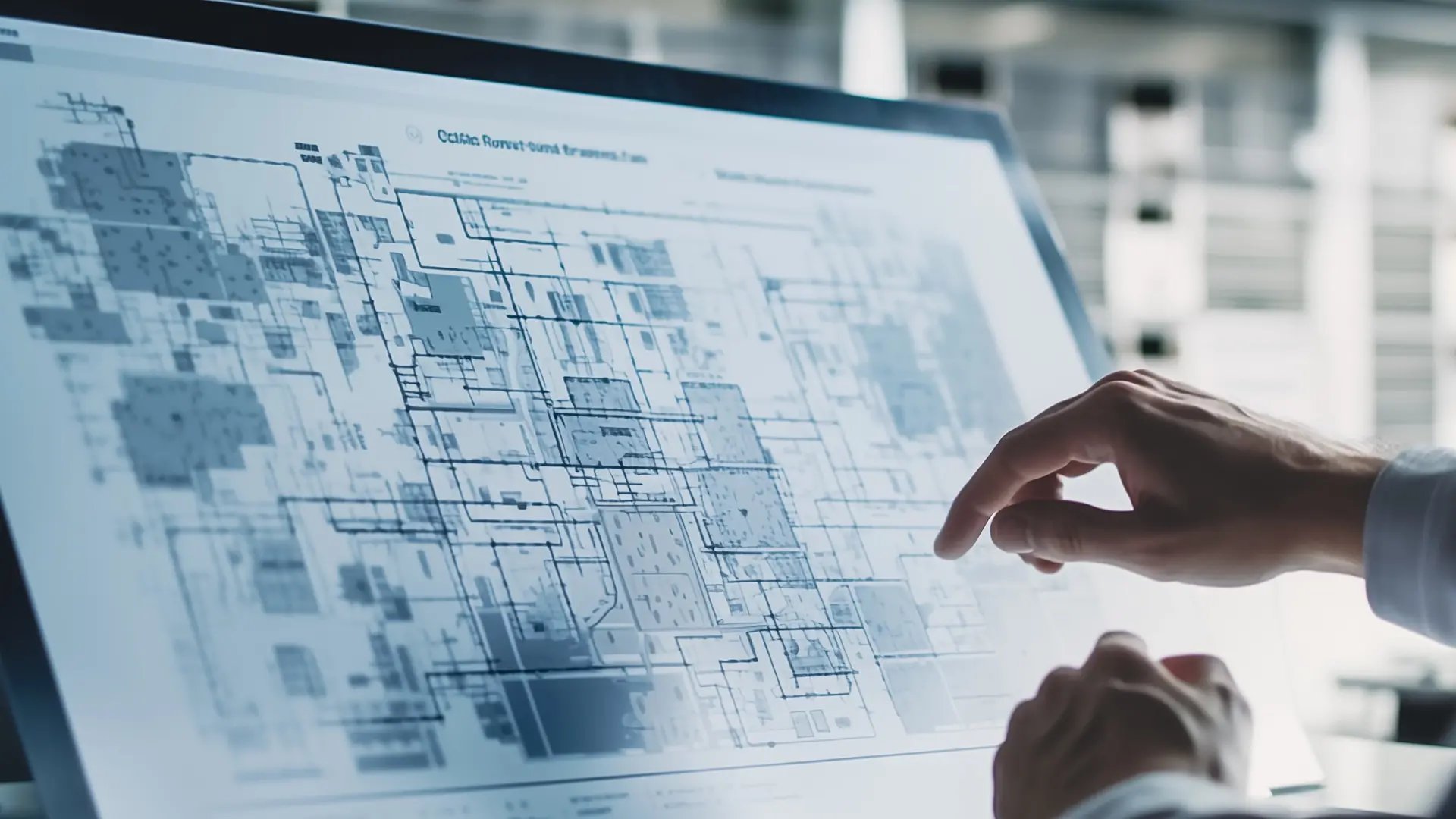 A person interacts with a large touchscreen displaying a complex technical schematic or digital blueprint. The diagram features a detailed network of interconnected components possibly representing an architectural layout, circuit design or system flowchart. The setting appears to be a modern office or design studio with natural lighting and a focused professional atmosphere.