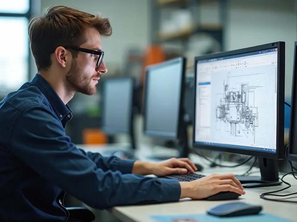 A man wearing glasses works on a desktop computer in an office, focused on a detailed technical drawing displayed on his screen. The monitor shows a complex mechanical or engineering schematic. The environment is modern with multiple monitors, shelves, and blurred background elements suggesting a professional workspace.