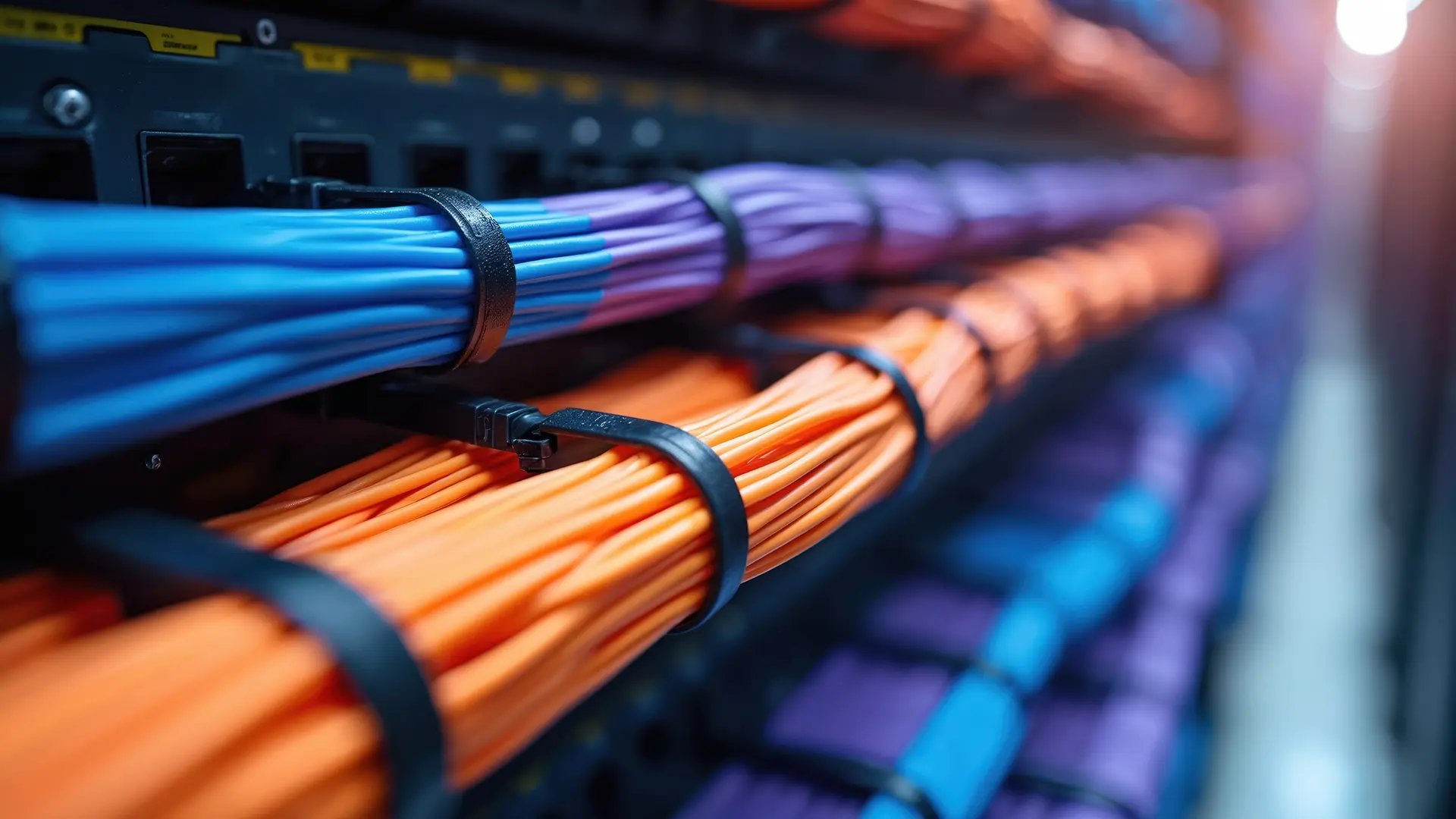 Cables being routed from a rack room to hardware and network switches throughout a corporate campus.