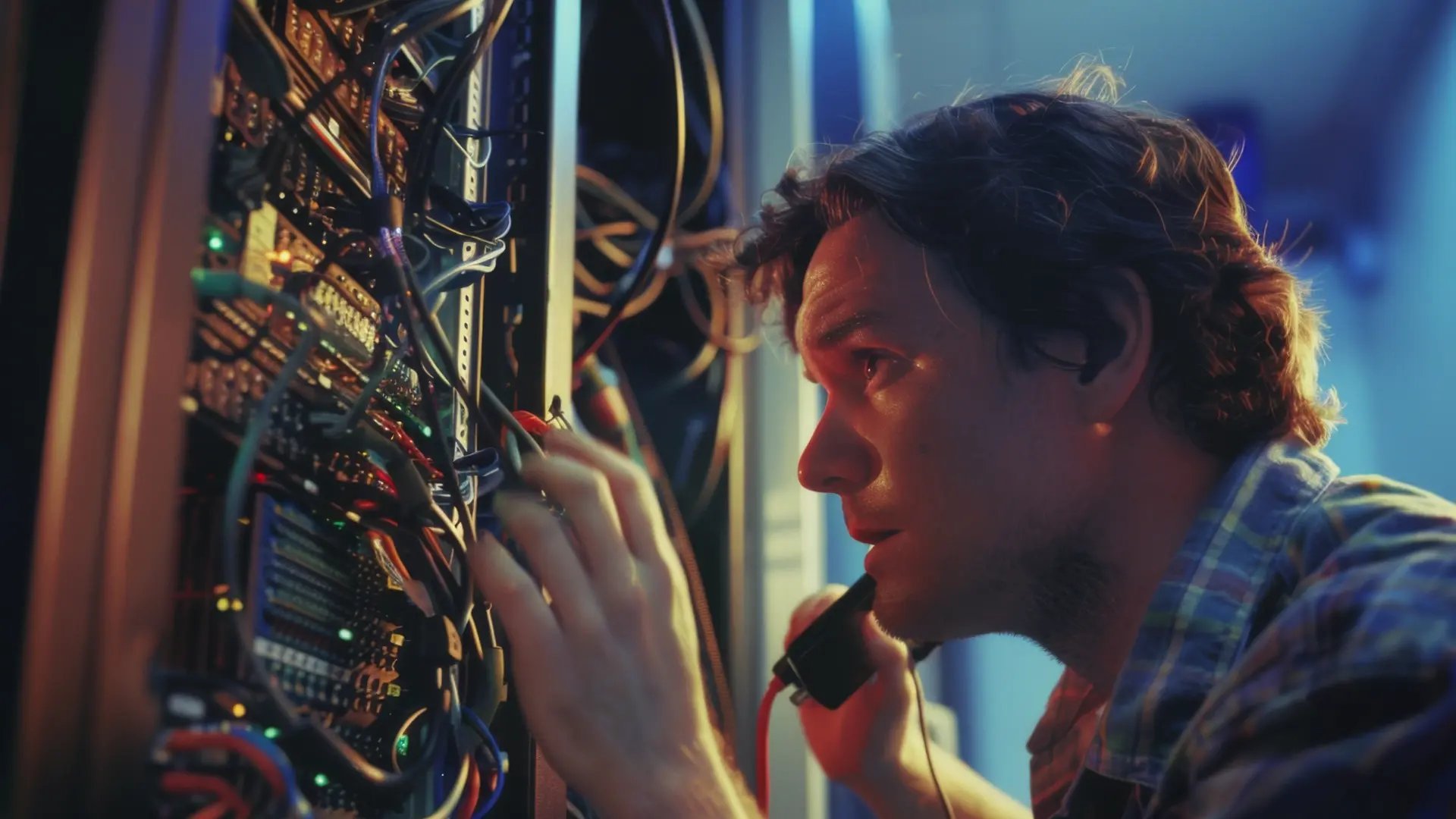 Certified Electrosonic technician services an AV rack to prevent issues and maintain optimal system performance.