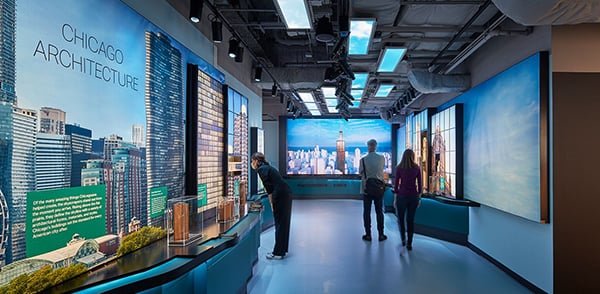Large LED Wall at the end of a hallway at Chicago Skydeck. 
