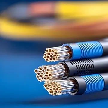 Close up of the ends of a fiber optic cable.