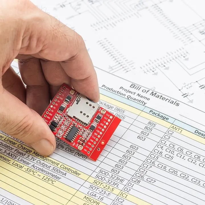 A hand holding a small red electronic circuit board above a printed bill of materials document that lists components, packages and designations for an electronics project.