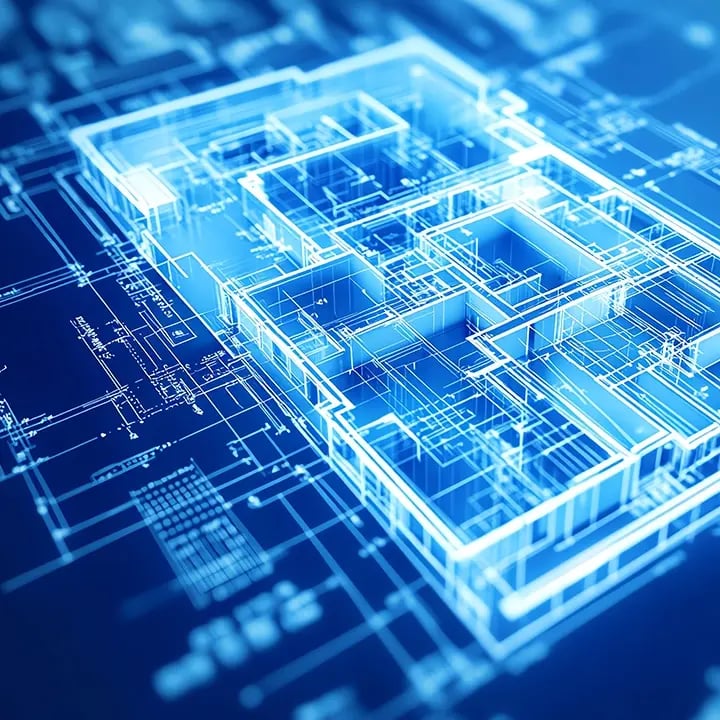 A digital 3D architectural blueprint showing a wireframe model of a building layout in glowing blue lines on a dark blue background.