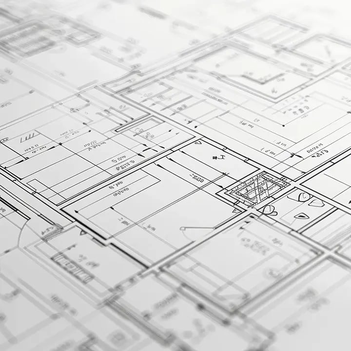 A detailed architectural floor plan printed on white paper showing room layouts, dimensions, wall sections, door placements and construction notations for a building design.