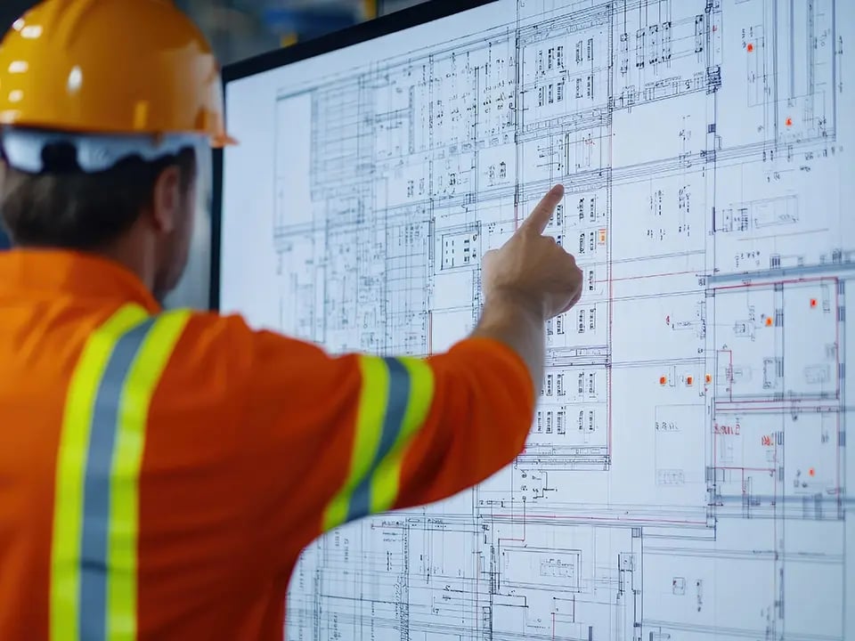 A construction worker in a hard hat and high-visibility orange jacket is pointing at a large digital blueprint displayed on a screen. The screen shows detailed architectural plans with numerous technical notations and layout elements. The worker's focus suggests active engagement in planning or reviewing structural details.