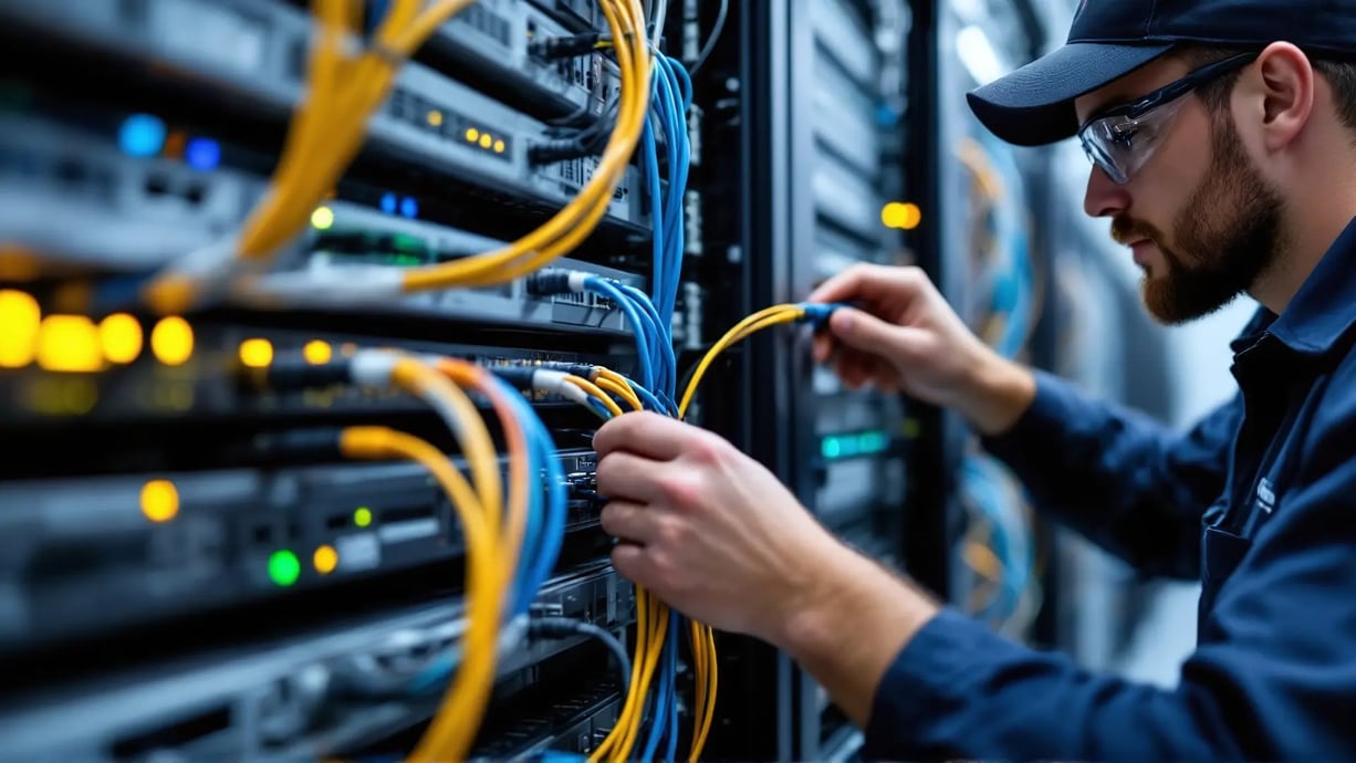 Electrosonic’s technician services a rack room, providing hands-on AV support to minimize downtime and maintain reliability.