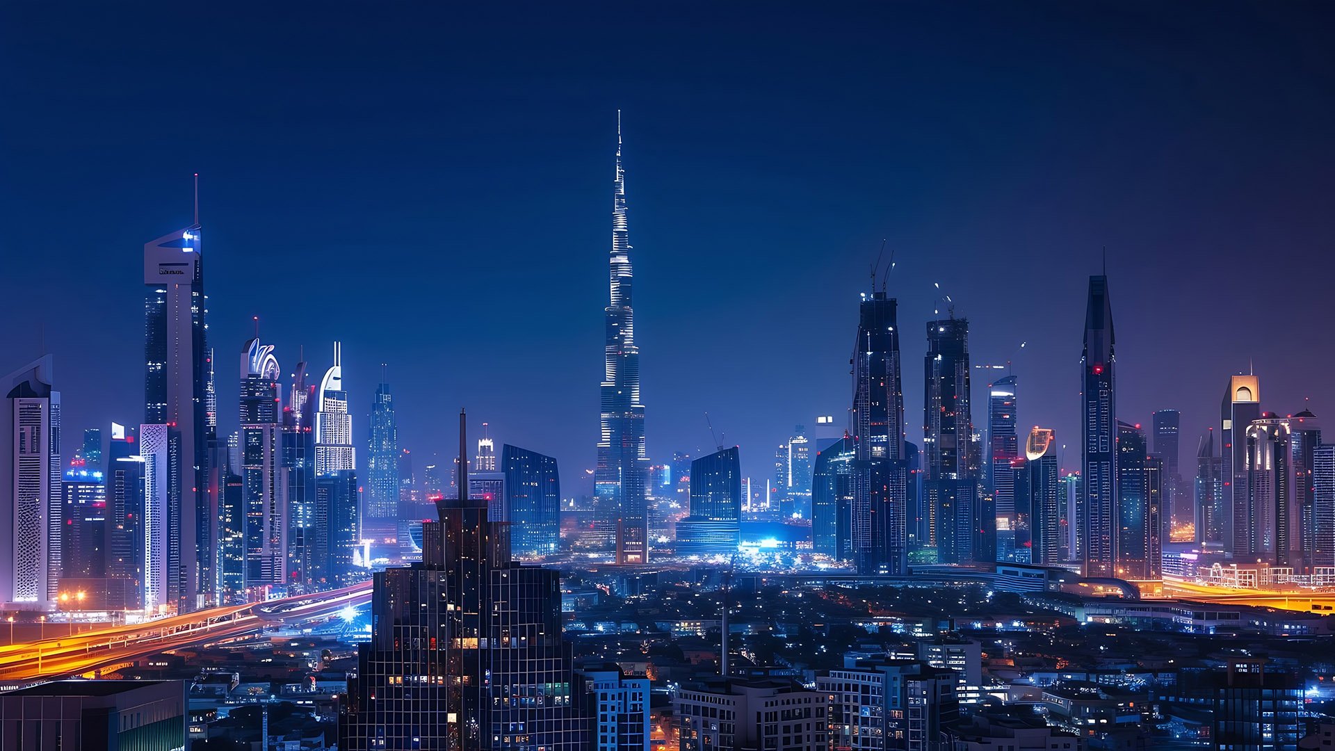 The Dubai skyline at night features a dazzling array of illuminated skyscrapers, including the iconic Burj Khalifa towering above the city.