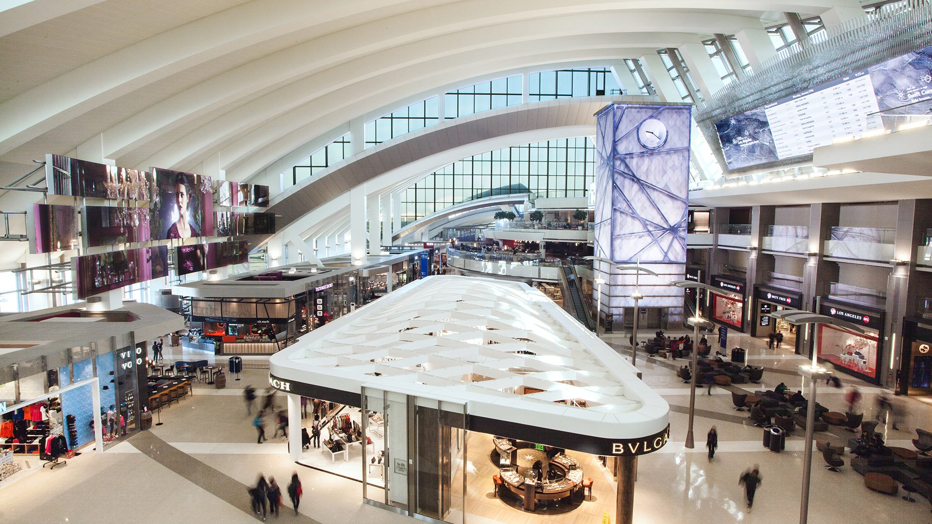 The Los Angeles International Airport Terminal showing the various digital art experiences throughout the terminal.