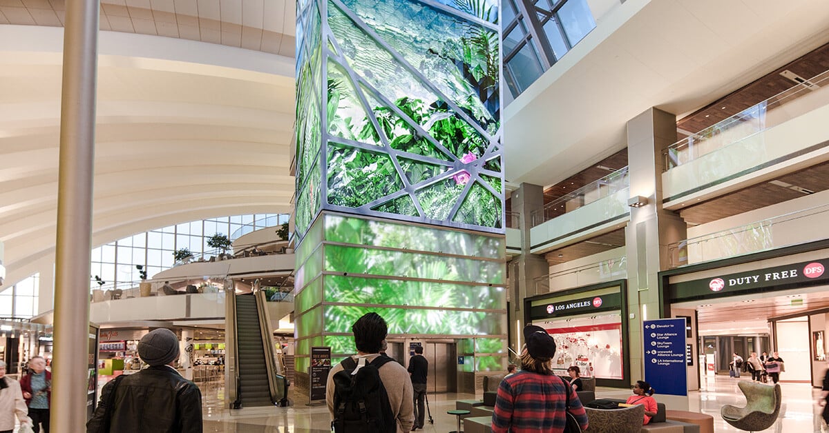 A large LED clock tower at the Los Angeles International Airport.