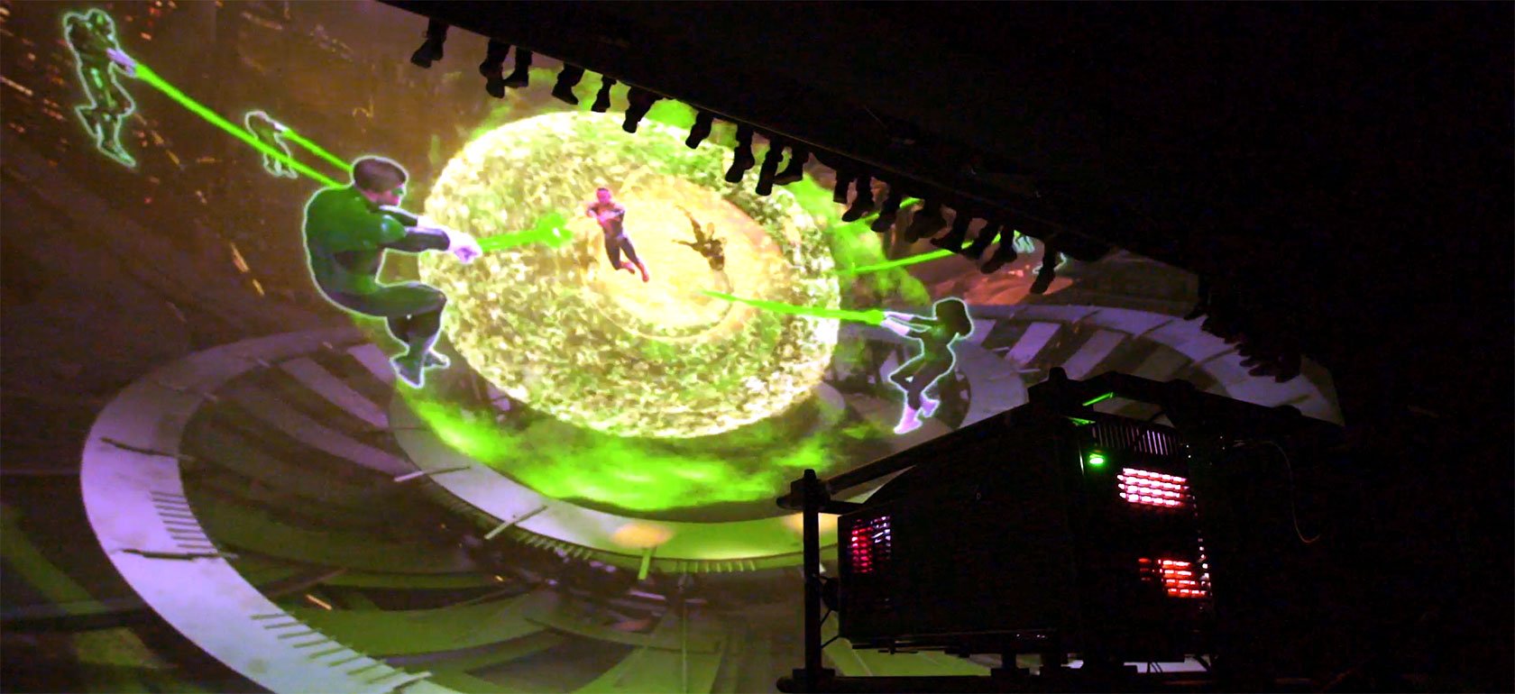 Projector displaying Green Lantern content during the Galactic Odyssey ride at Warner Bros. World Abu Dhabi.