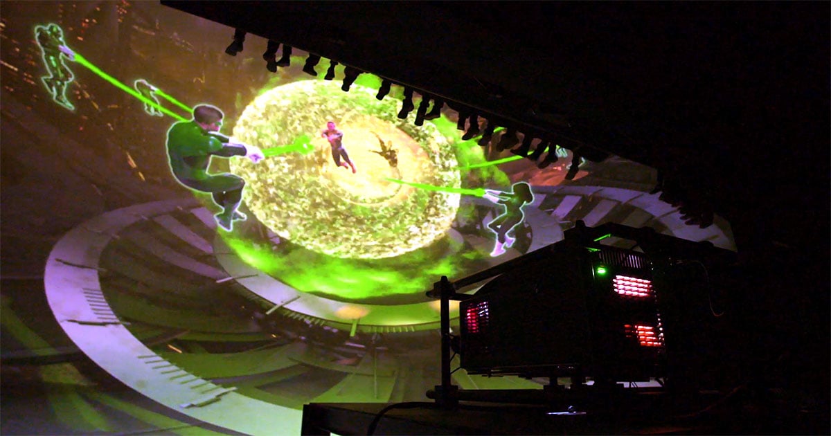 Guests experiencing the Green Lantern Galactic Odyssey ride at Warner Bros. World Abu Dhabi.