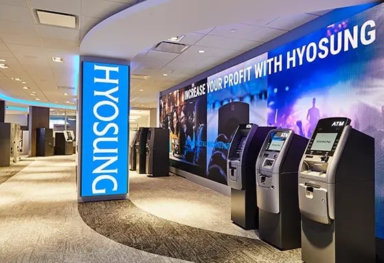 Hyosung’s Customer Experience Center features an LED wall that guides visitors through product demos and digital banking innovations.