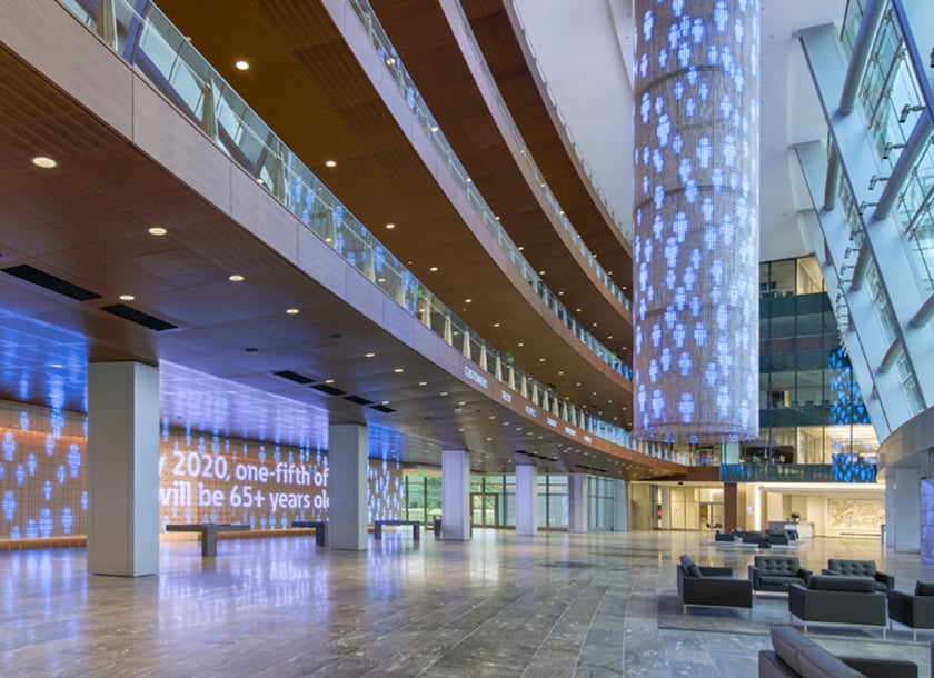 Eaton Experience Center, showcasing the LED chandelier and back LED wall. 