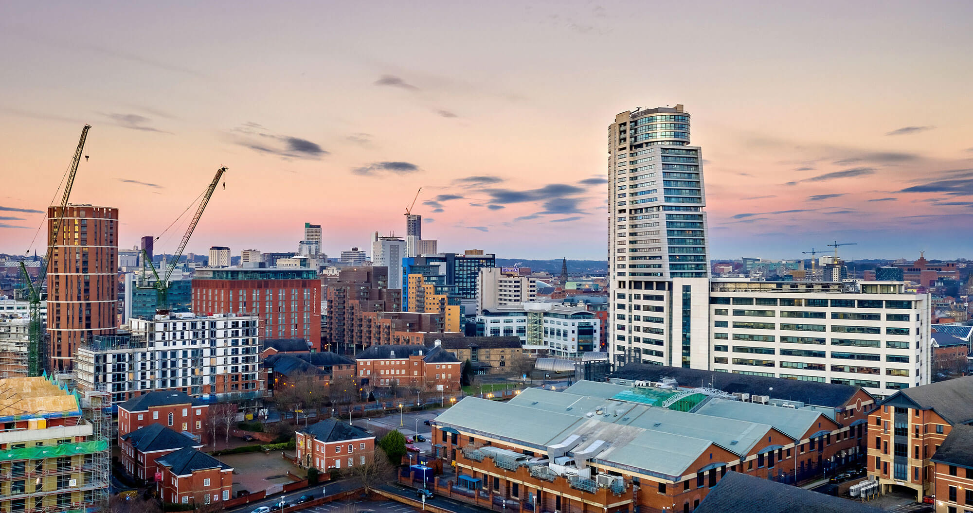 Leeds City Centre aerial view at sunset