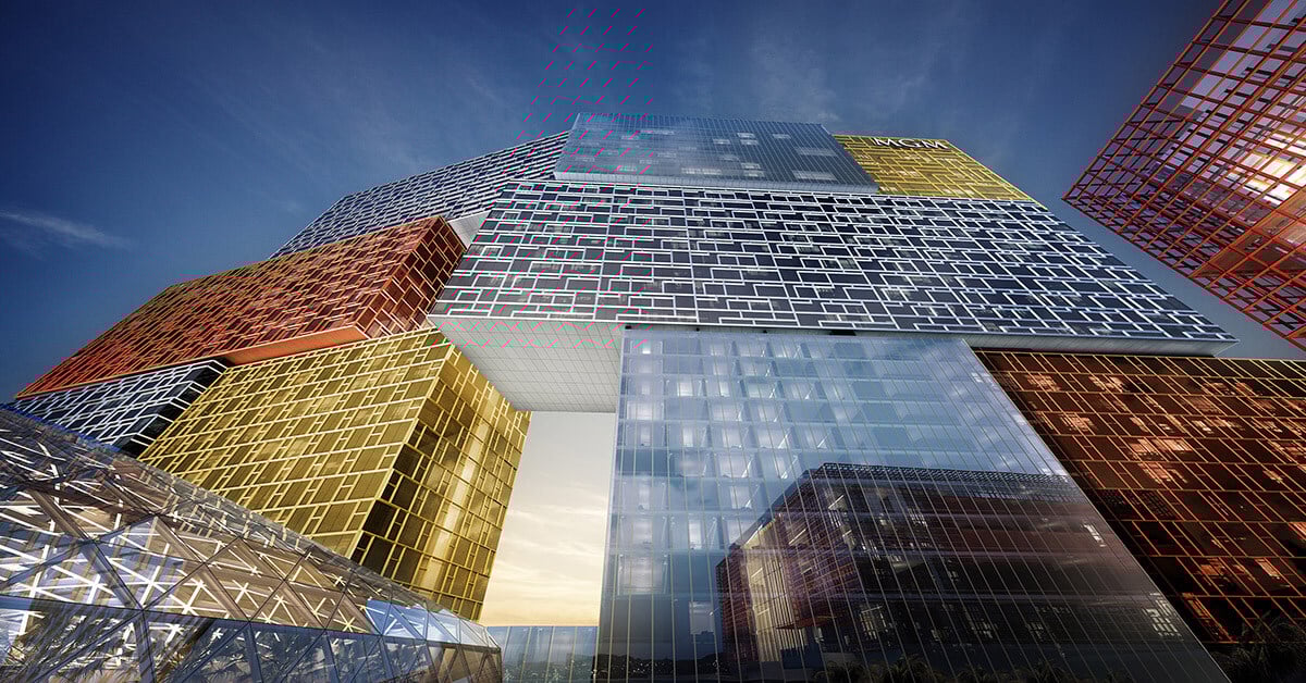 MGM COTAI’s iconic stacked-cube façade stands as a bold architectural statement in Macau, blending innovation, color, and form into a skyline-defining landmark.