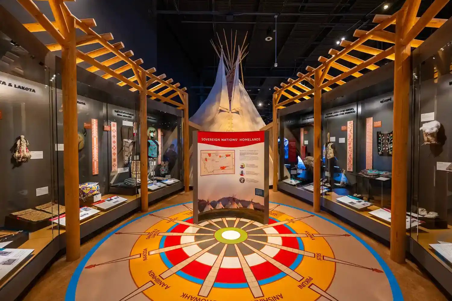 Soveriegn nations exhibit with artifacts lining walls.