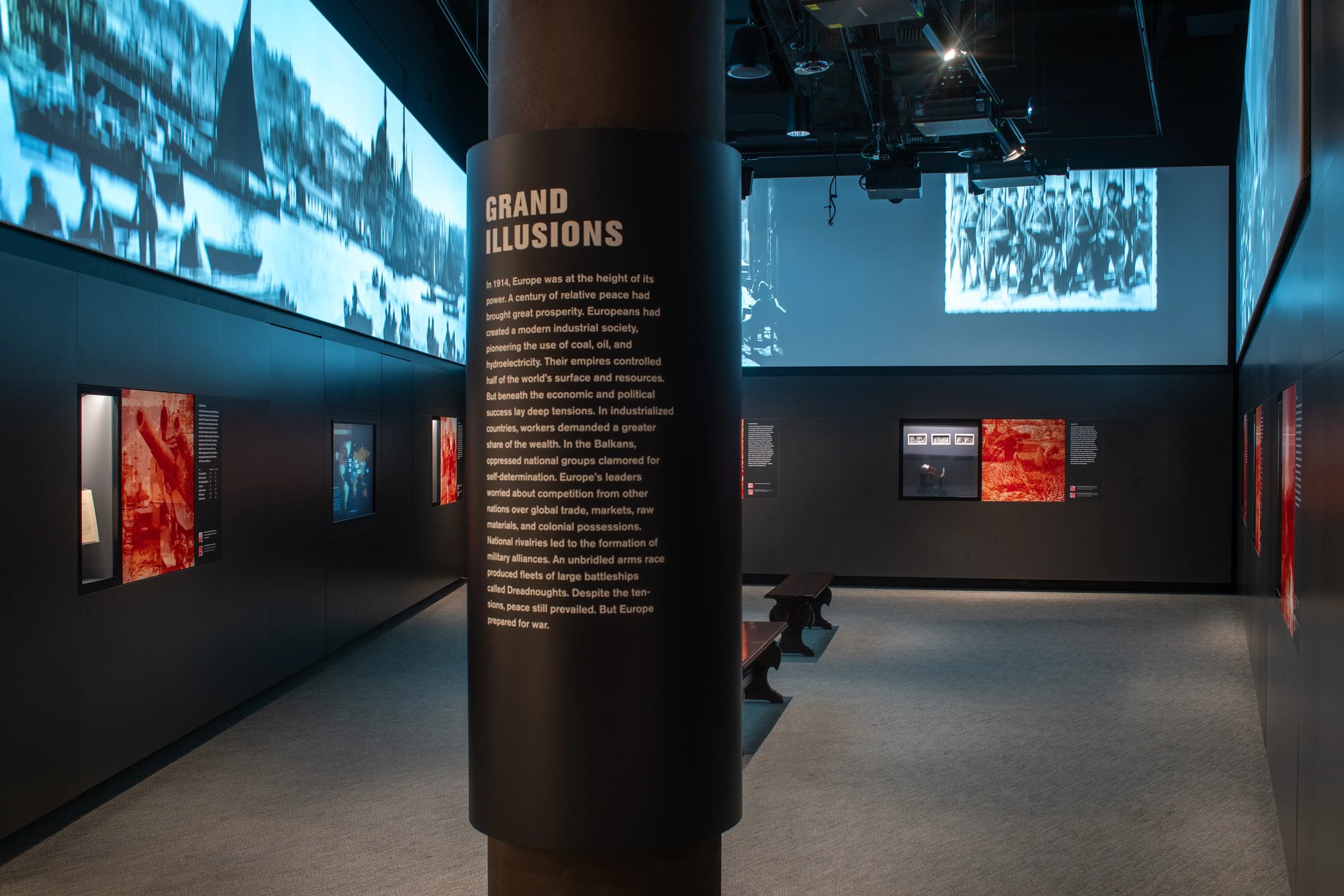 Beam of the museum exhibit that has information on it.