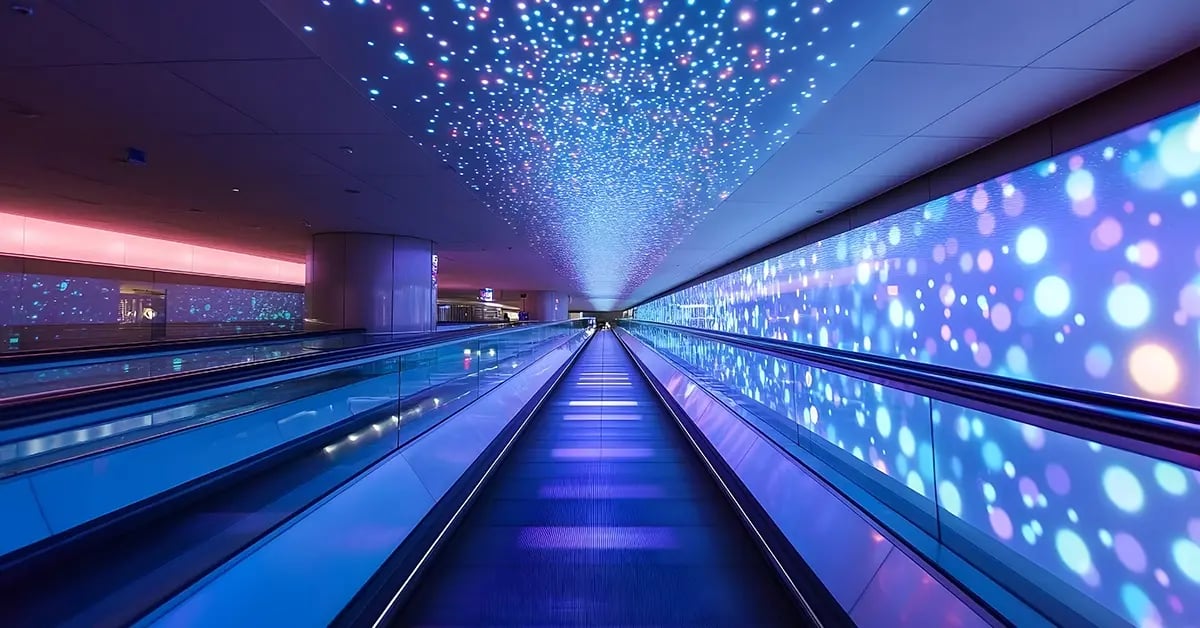 Passengers ride a horizontal escalator in an airport terminal alongside a wall projection display that provides dynamic visuals or storytelling as they move through the space.