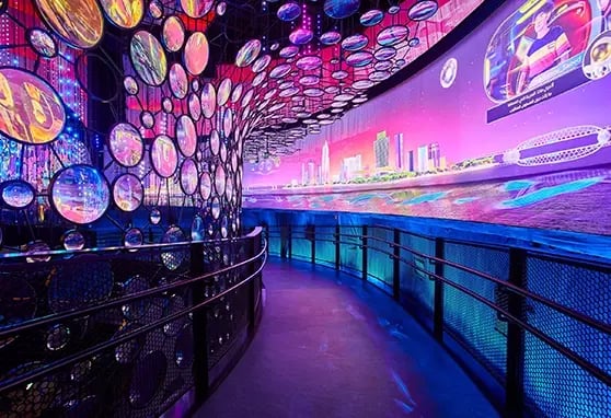 Projection mapped hallway within one of Expo 2020 Dubais main exhibit spaces.