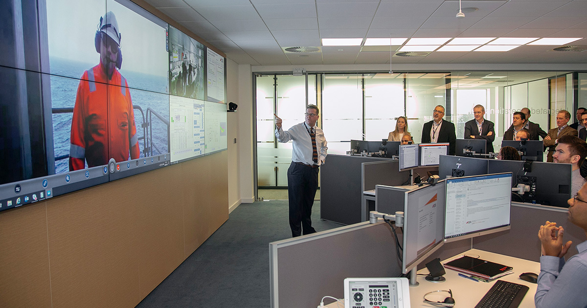 Repsol Sinopec Resources UK’s control room features a high-tech audiovisual setup with large video walls displaying real-time operational data, maps, and system diagnostics. The integrated AV technology enhances monitoring and coordination across offshore energy assets, supporting safe and efficient operations.