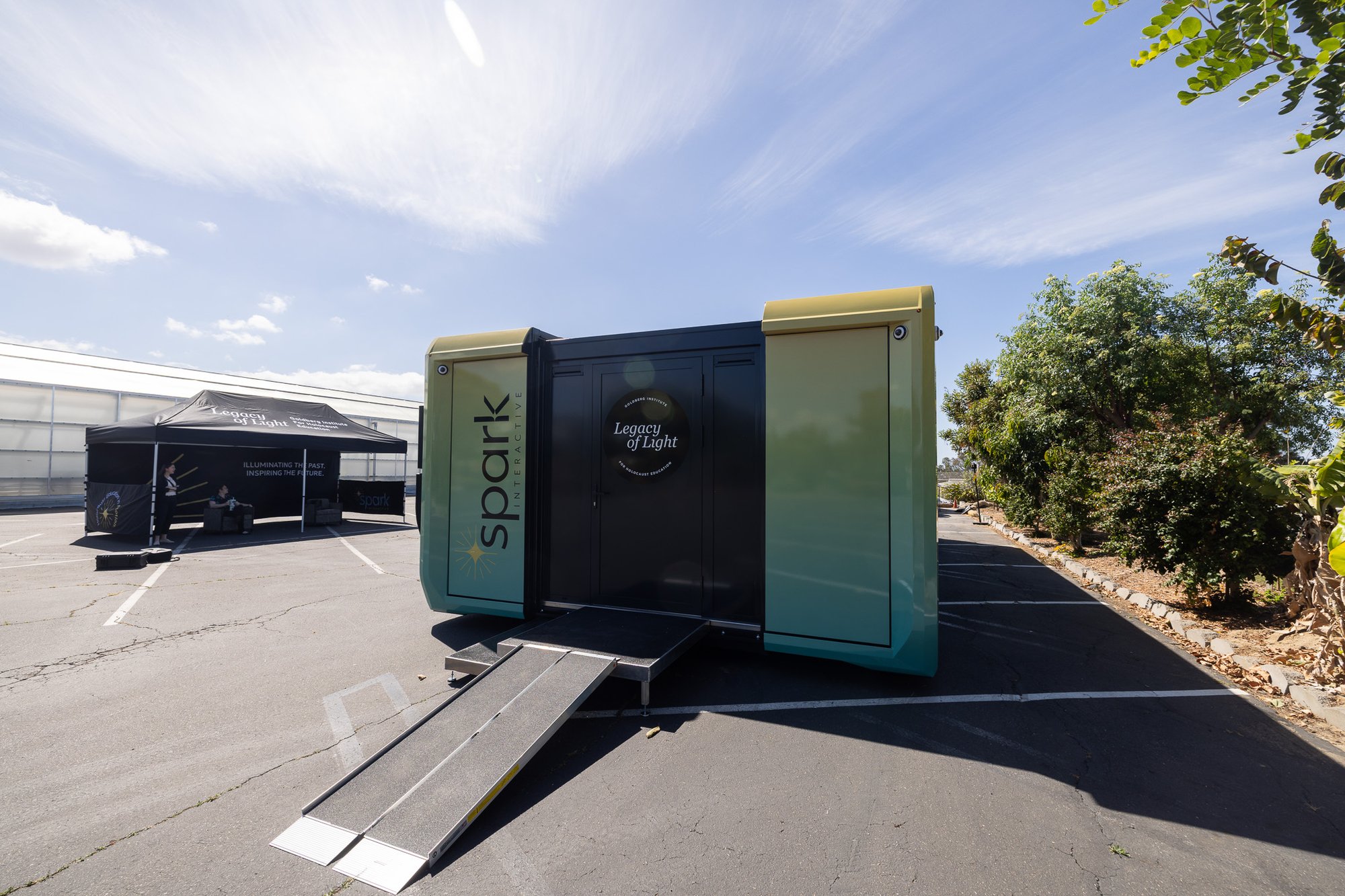 The exterior of the trailer with a ramp on the outside.